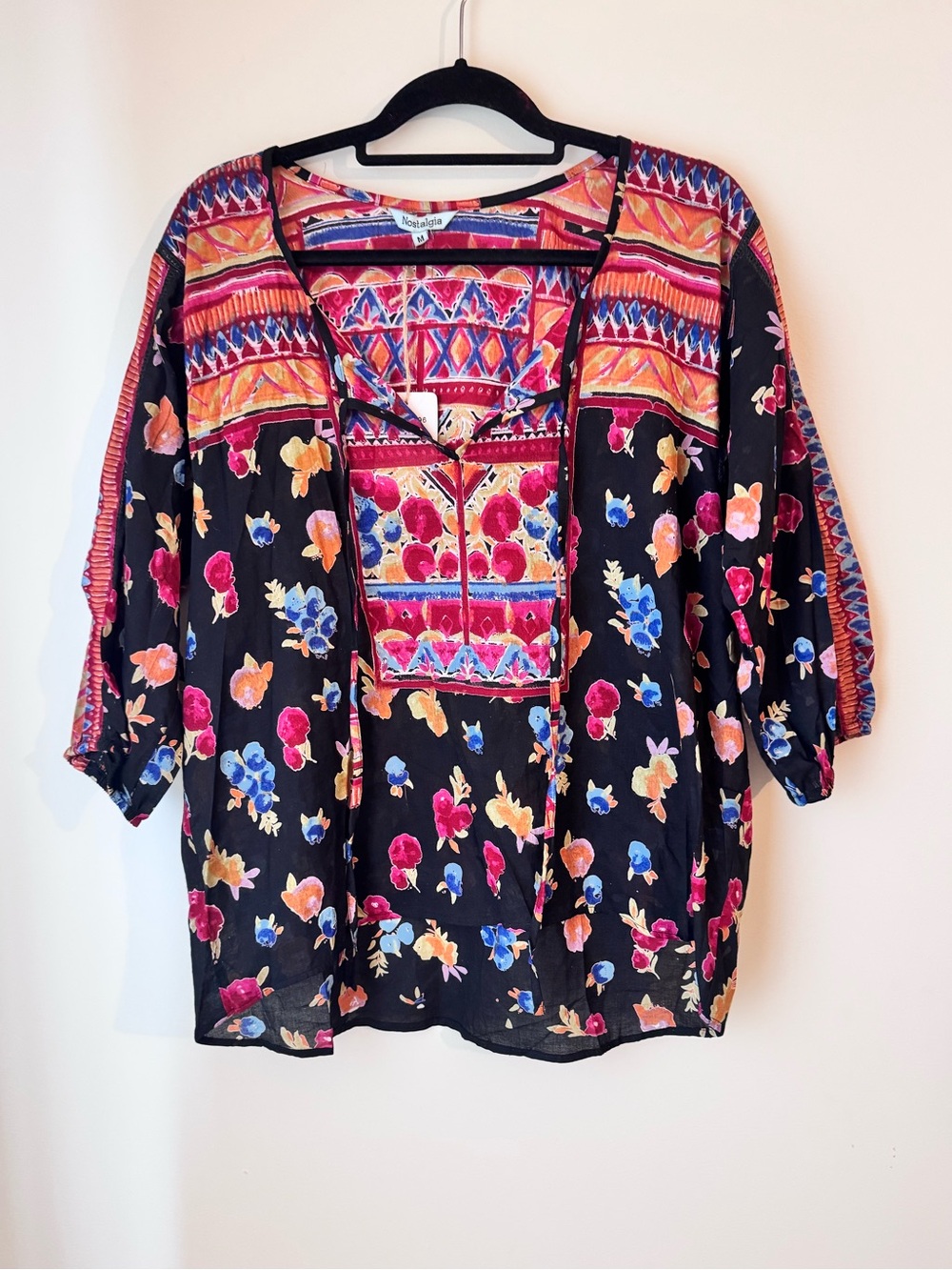 Nostalgia Black high low %100 cotton Top Multicolor Floral & black embroidery
